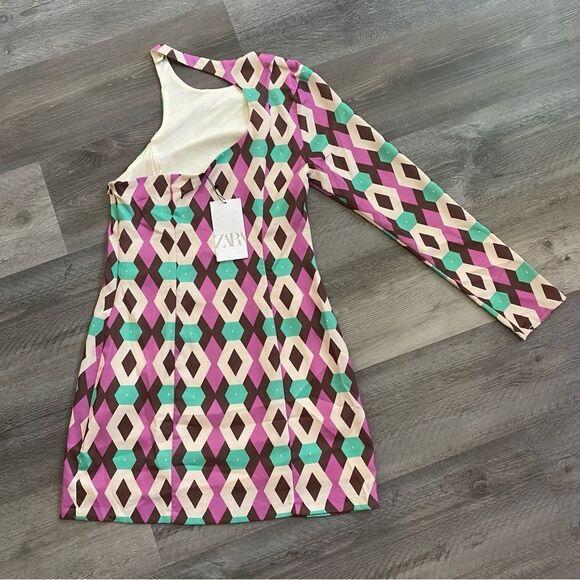 ZARA Shift Dress NEW One Sleeve Small Purple Teal Party - Picture 6 of 12